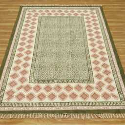 Handmade Cotton Kilim Rug Indian Block Print Boho Rug, Green & Pink - thumbnail 2