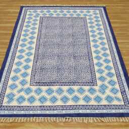 Handmade Cotton Kilim Rug Indian Block Print Boho Rug, Green & Pink - thumbnail 3