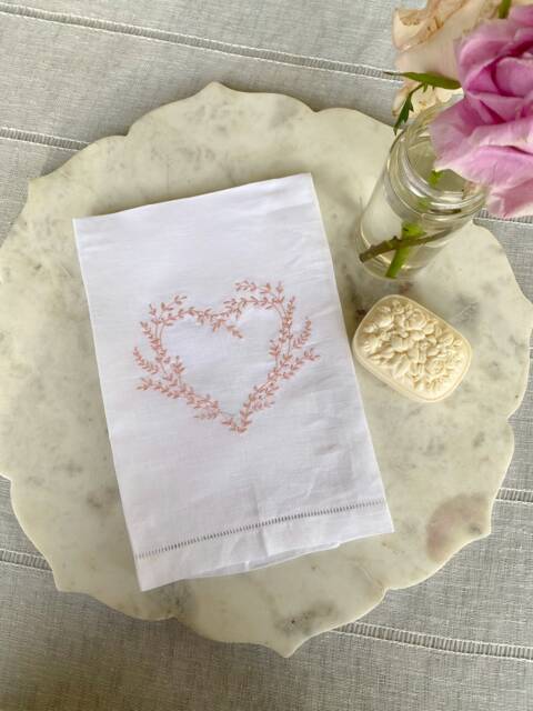 Valentines Heart Frame Embroidered Linen Guest Towels, Monogrammed Towel, Hostess Gifts, Warm House Gifts, Bathroom Decor - image 1