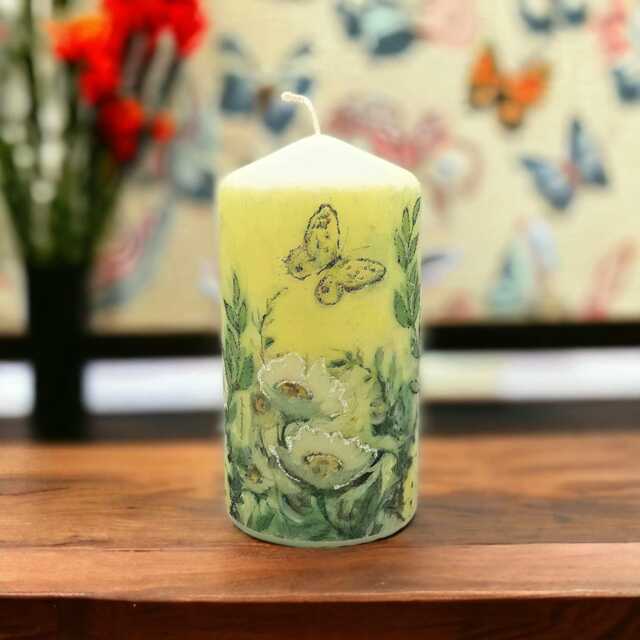 Hand-Decorated Wax Pillar Candle White Flowers & Butterflies - 16cm Tall - image 1