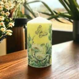 Hand-Decorated Wax Pillar Candle White Flowers & Butterflies - 16cm Tall - thumbnail 2