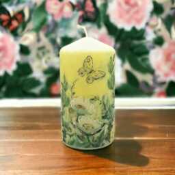 Hand-Decorated Wax Pillar Candle White Flowers & Butterflies - 16cm Tall - thumbnail 4