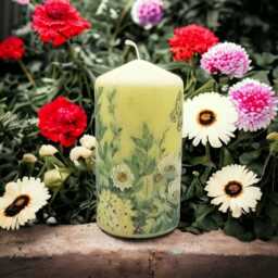 Hand-Decorated Wax Pillar Candle White Flowers & Butterflies - 16cm Tall - thumbnail 3