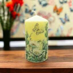 Hand-Decorated Wax Pillar Candle White Flowers & Butterflies - 16cm Tall - thumbnail 1