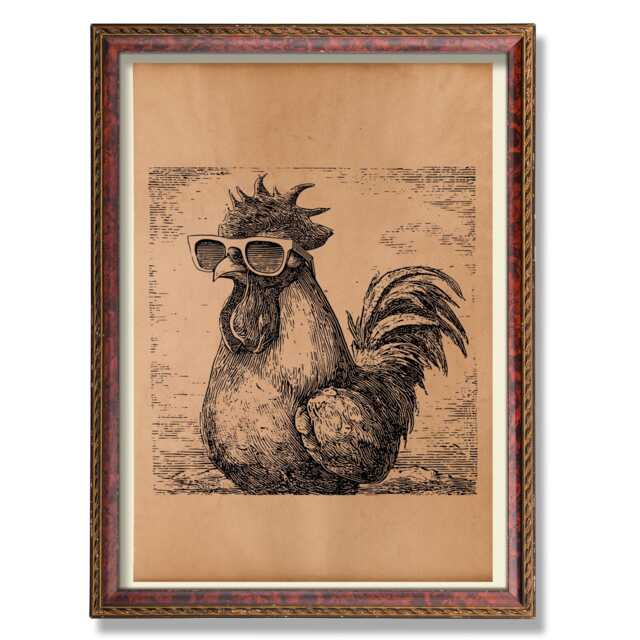Vintage Rooster Wall Art - Rustic Poster Antique Farmhouse Kitchen Decor Illustration Funky Sunglasses Chicken - image 1