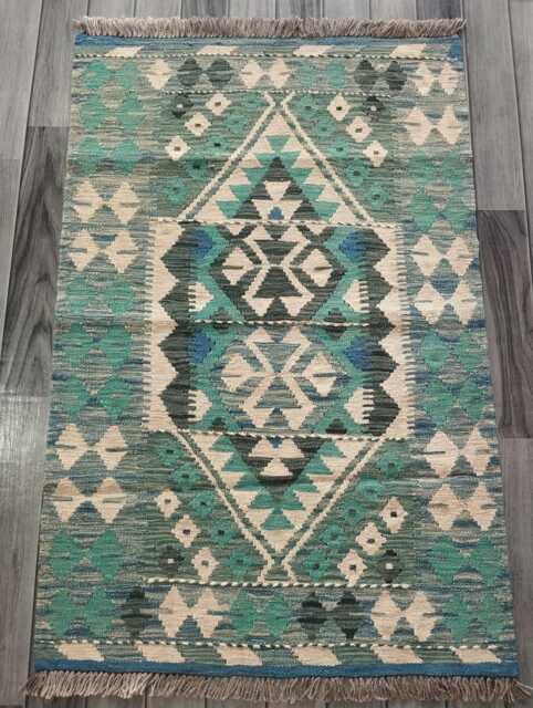 Kilim Rug Turquoise, Handmade Artisan Afghan Turkish Persian Qashqai Kilim, Moroccan Navajo Bohemian Natural Wool Flatweave 122x81 cm - image 1