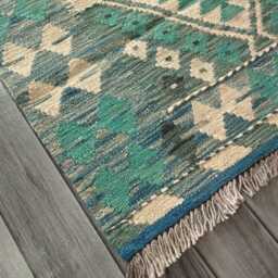 Kilim Rug Turquoise, Handmade Artisan Afghan Turkish Persian Qashqai Kilim, Moroccan Navajo Bohemian Natural Wool Flatweave 122x81 cm - thumbnail 3