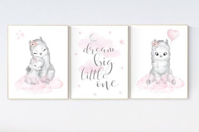 Llama Nursery Print Pink & Gray Wall Art - image 1