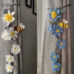 Crochet Daisy Curtain Tie Back/Flower & Bees Hold Back/Daisy Back/Crochet Bees/Gift For Her/Gift Kids - thumbnail 2