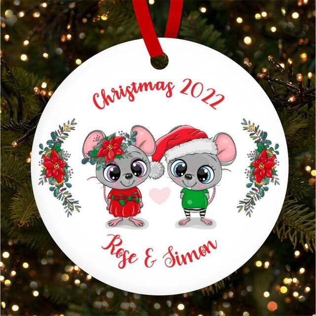 Sibling Mouse Santa Round Bauble Personalised Christmas Tree Ornament Decoration