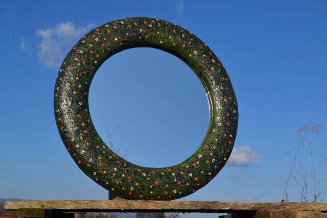 Painted Green Mirror, Decorative Wall Mirror, Round Hanging Paper Mache Flower Pattern First Home Gift, Boho Mirror - image 1