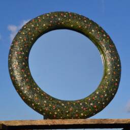 Painted Green Mirror, Decorative Wall Mirror, Round Hanging Paper Mache Flower Pattern First Home Gift, Boho Mirror - thumbnail 2