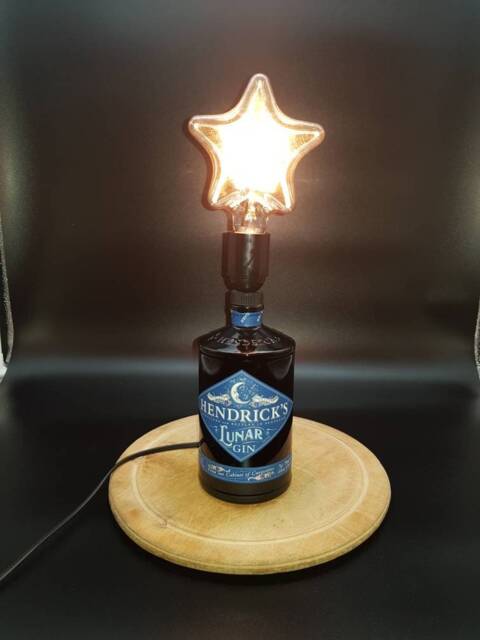 Hendricks Lunar Gin Bottle - Upcycled Table Lamp With Star Shaped E27 Bulb - UK Electrical Plug On/Off Switch - image 1