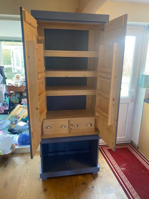 Painted Pine Kitchen Larder Cupboard - Blue Grey Rustic Freestanding Pantry Cabinet - image 1