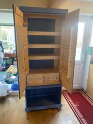 Painted Pine Kitchen Larder Cupboard - Blue Grey Rustic Freestanding Pantry Cabinet - thumbnail 1