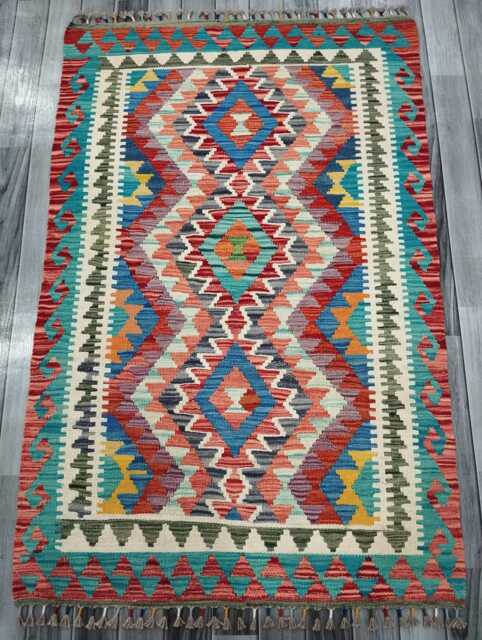 Multicolour Rug, Handmade Artisan Afghan Turkish Scandinavian Navajo Bohemian Flatweave Wool Kilim 153x99 cm - image 1