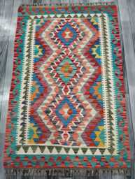 Multicolour Rug, Handmade Artisan Afghan Turkish Scandinavian Navajo Bohemian Flatweave Wool Kilim 153x99 cm - thumbnail 1