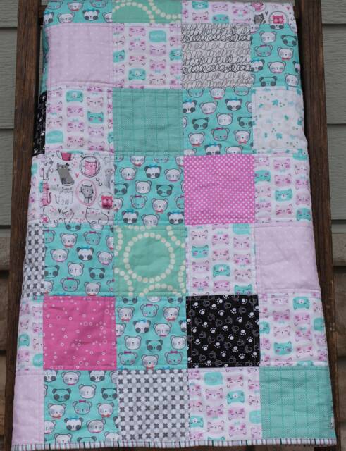 Cat Baby Quilt, Blanket, Girl Panda Quilt/Blanket, Colors Aqua, Teal, Pinks, Gray Black, Modern Patchwork Quilt - image 1