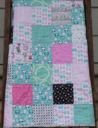Cat Baby Quilt, Blanket, Girl Panda Quilt/Blanket, Colors Aqua, Teal, Pinks, Gray Black, Modern Patchwork Quilt - thumbnail 1
