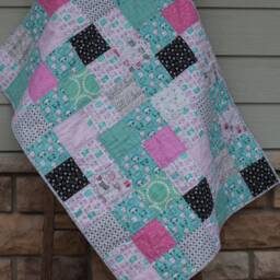 Cat Baby Quilt, Blanket, Girl Panda Quilt/Blanket, Colors Aqua, Teal, Pinks, Gray Black, Modern Patchwork Quilt - thumbnail 2