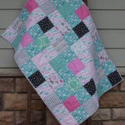 Cat Baby Quilt, Blanket, Girl Panda Quilt/Blanket, Colors Aqua, Teal, Pinks, Gray Black, Modern Patchwork Quilt - thumbnail 3