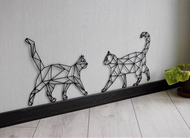Cat Wall Hanging, Geometric Cat, Gift Idea, Art, Metal Decor, Wire Cats Wall Decor, Black Cat, Two Cats - image 1