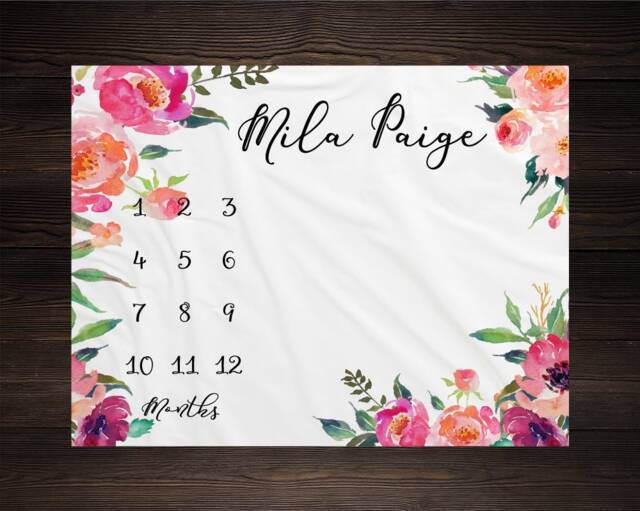 Baby Girl Milestone Blanket Month Growth Tracker Minky Fleece Custom Personalized Shower Gift Watercolor Floral Newborn - image 1