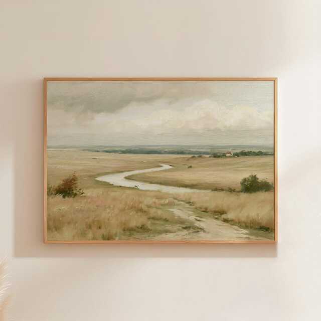 Countryside River Poster, Golden Field Print, Landscape Wall Art, Paper - image 1