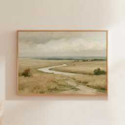 Countryside River Poster, Golden Field Print, Landscape Wall Art, Paper - thumbnail 1
