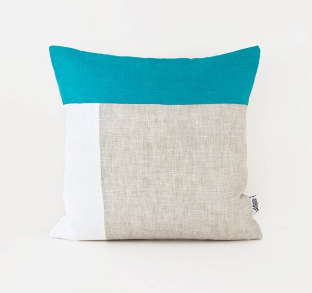 Color Block Pillow in Turquoise/White/Beige Linen. Modern Pillow. Linen Cushion Cover. Decorative Organic Linen Bedding.throw - image 1