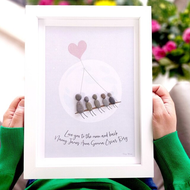 Personalised Family Pebble Picture - Framed Art Gift Mother's Day Birthday Mum/Grandparent Moon & Back - image 1
