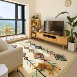 Handmade Beni Ourain Rug White Moroccan Wool Rug With Fuchsia Design - thumbnail 2