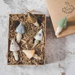 Ceramic Mushroom Ornament Set Handmade Woodland Christmas Decoration