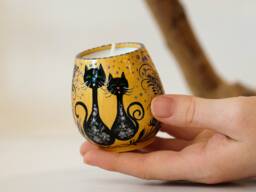 Hand Painted Wooden Halloween Candle Holder, Black Cat & Bat - thumbnail 1
