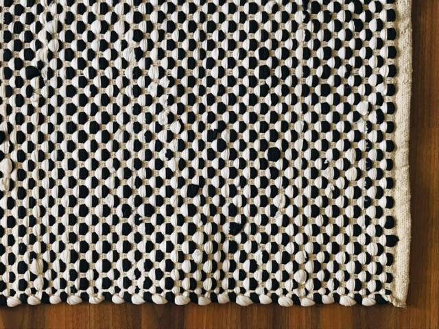 Handmade Black & White Cotton Rag Rug Minimalist Zig Zag Dhurrie - image 1