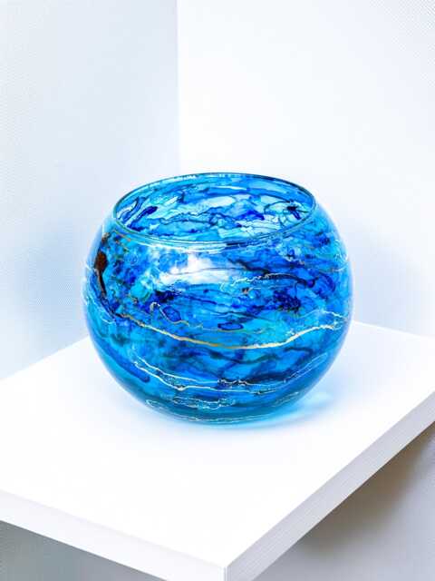 Abstract Blue & Gold Glass Tealight Holder, Hand Painted, Fishbowl Home Decor - image 1