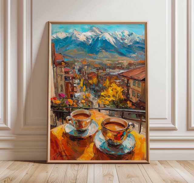 Scenic Balcony Print, Coffee Beside The Mountain Poster, Alps Wall Art, European Travel Artwork, View Decor - image 1