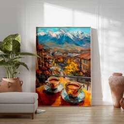 Scenic Balcony Print, Coffee Beside The Mountain Poster, Alps Wall Art, European Travel Artwork, View Decor - thumbnail 2