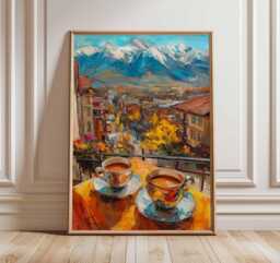 Scenic Balcony Print, Coffee Beside The Mountain Poster, Alps Wall Art, European Travel Artwork, View Decor - thumbnail 1