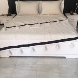 Moroccan Black & White Pom Blanket Throw, Striped Cotton Throw, Handwoven On A Wooden Loom. Bohemian Berber Comforter Bedding - thumbnail 2