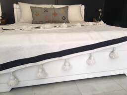 Moroccan Black & White Pom Blanket Throw, Striped Cotton Throw, Handwoven On A Wooden Loom. Bohemian Berber Comforter Bedding