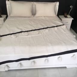 Moroccan Black & White Pom Blanket Throw, Striped Cotton Throw, Handwoven On A Wooden Loom. Bohemian Berber Comforter Bedding - thumbnail 4