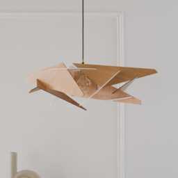 Modern Wood Pendant Light, Scandinavian Geometric Ceiling Fixture, Natural Lampshade