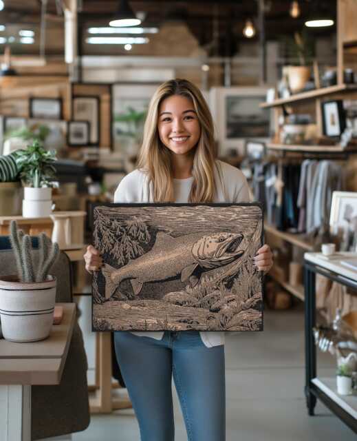 Salmon in A River Wall Art - Nature Inspired Engraved Wood Lithograph Illustration, Large Painting, Alaska Fishing Print - image 1