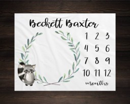 Woodland Milestone Blanket Monthly Growth Tracker Soft Fleece Racoon Baby Shower Gift Newborn Watch Me Grow Boy - thumbnail 1