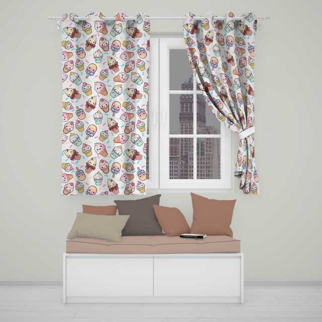 Kawaii Ice Cream Cone Popsicle Sweet Dessert Seamless Pattern Light Grey Readymade Eyelet Ring Top Thermal 100% Blackout Curtains - image 1