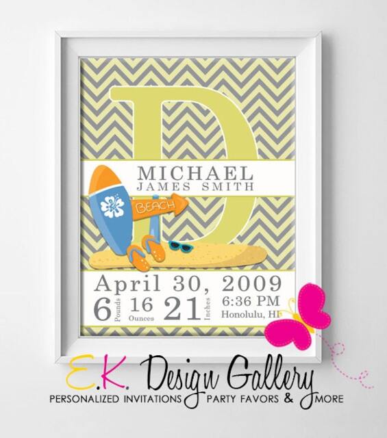 Personalized Beach Theme Baby Birth Stats Art Print - Digital Download - image 1