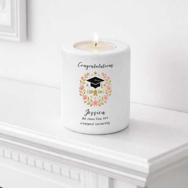 Personalised Ceramic Graduation Tea Light Holder Keepsake Gift - Customised With Name, University, Course & Year - image 1