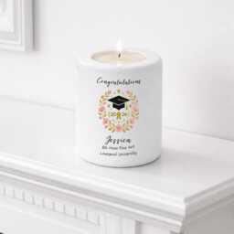 Personalised Ceramic Graduation Tea Light Holder Keepsake Gift - Customised With Name, University, Course & Year