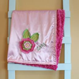 Personalized Minky Baby Blanket Satin, 3D Flower, Embroidered Monogram - thumbnail 2